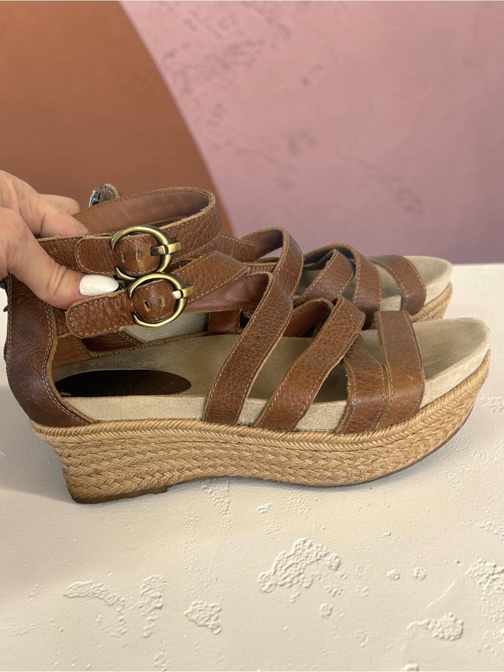 Brown Leather Strappy Wedge Sandals